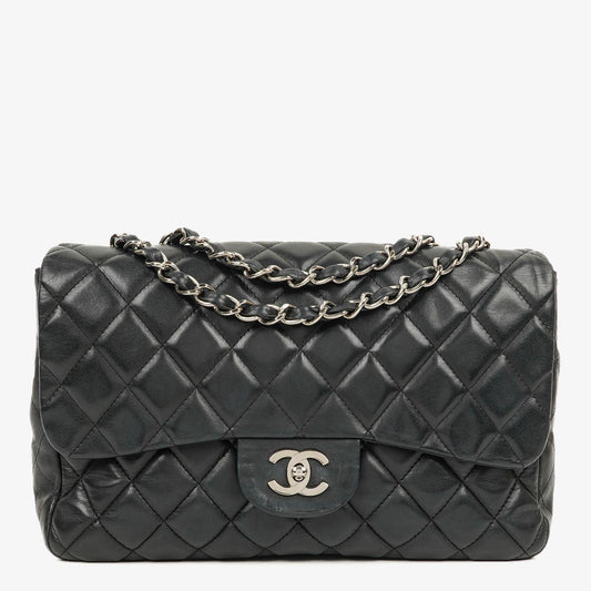 Chanel Jumbo Classic Black Quilted Leather Single Flap Bag With Silver - Tone Hardware