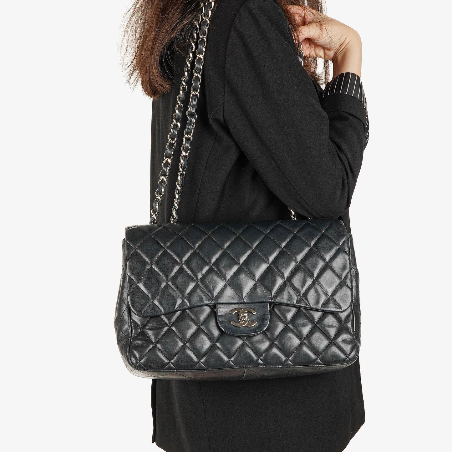Chanel Jumbo Classic Black Quilted Leather Single Flap Bag With Silver - Tone Hardware
