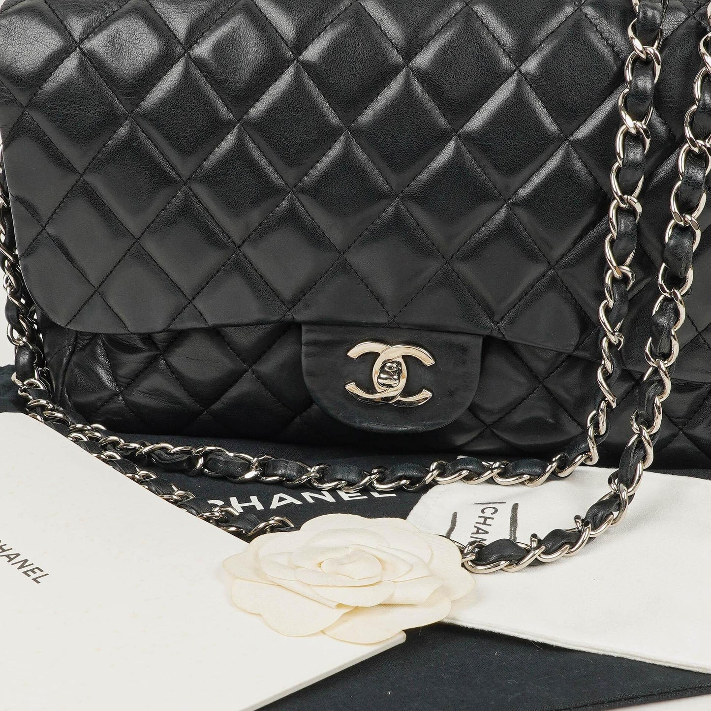 Chanel Jumbo Classic Black Quilted Leather Single Flap Bag With Silver - Tone Hardware