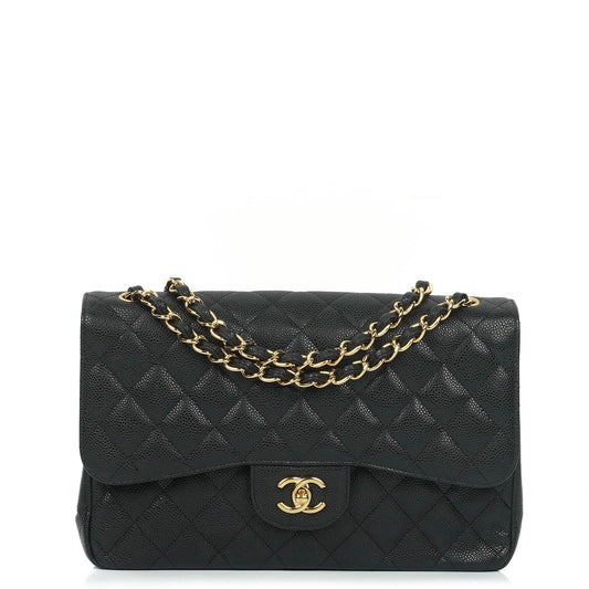 Chanel Jumbo Classic Black Quilted Caviar Double Flap Bag Gold Hardware