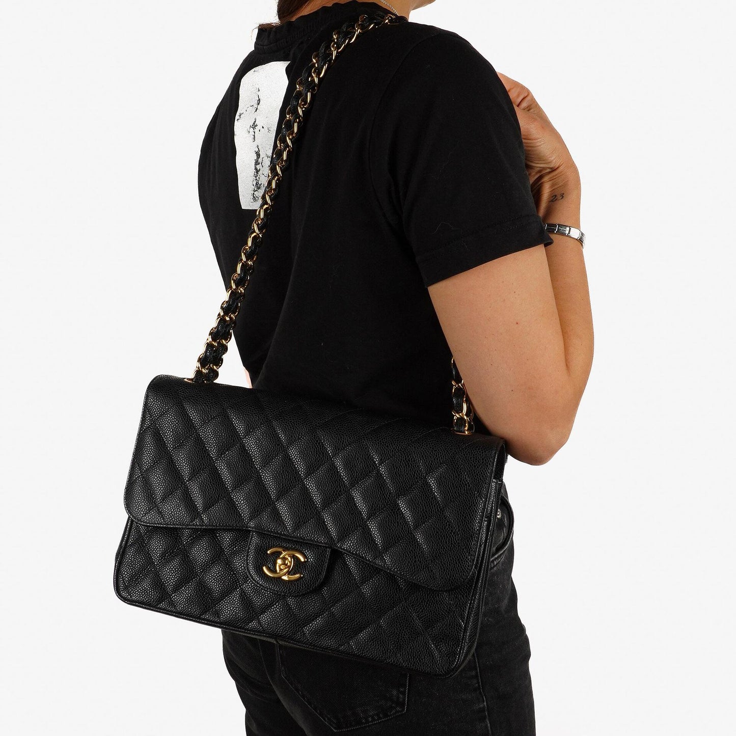Chanel Jumbo Classic Black Quilted Caviar Double Flap Bag Gold Hardware