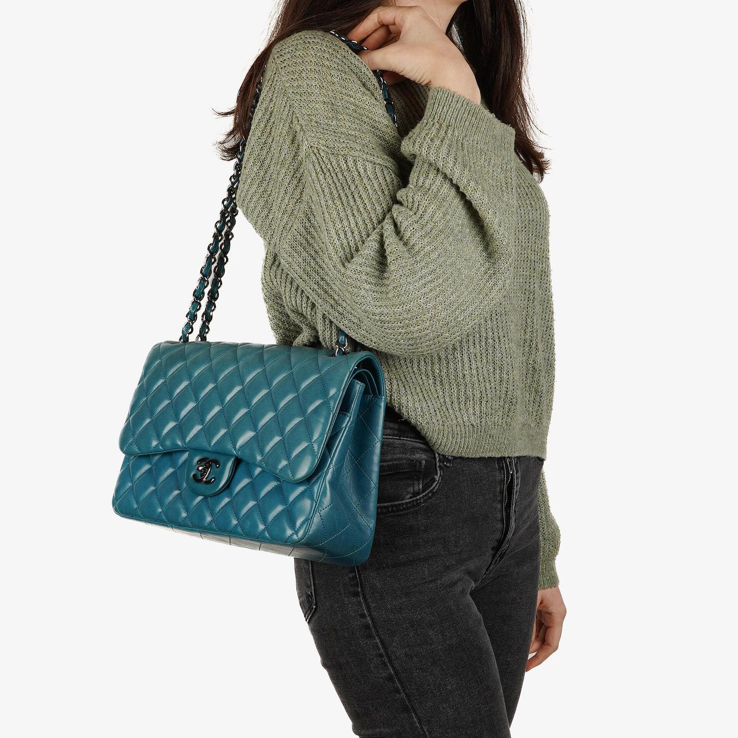 Chanel Classic Jumbo Double Flap Bag Blue Quilted Lambskin With Silver-Tone Hardware