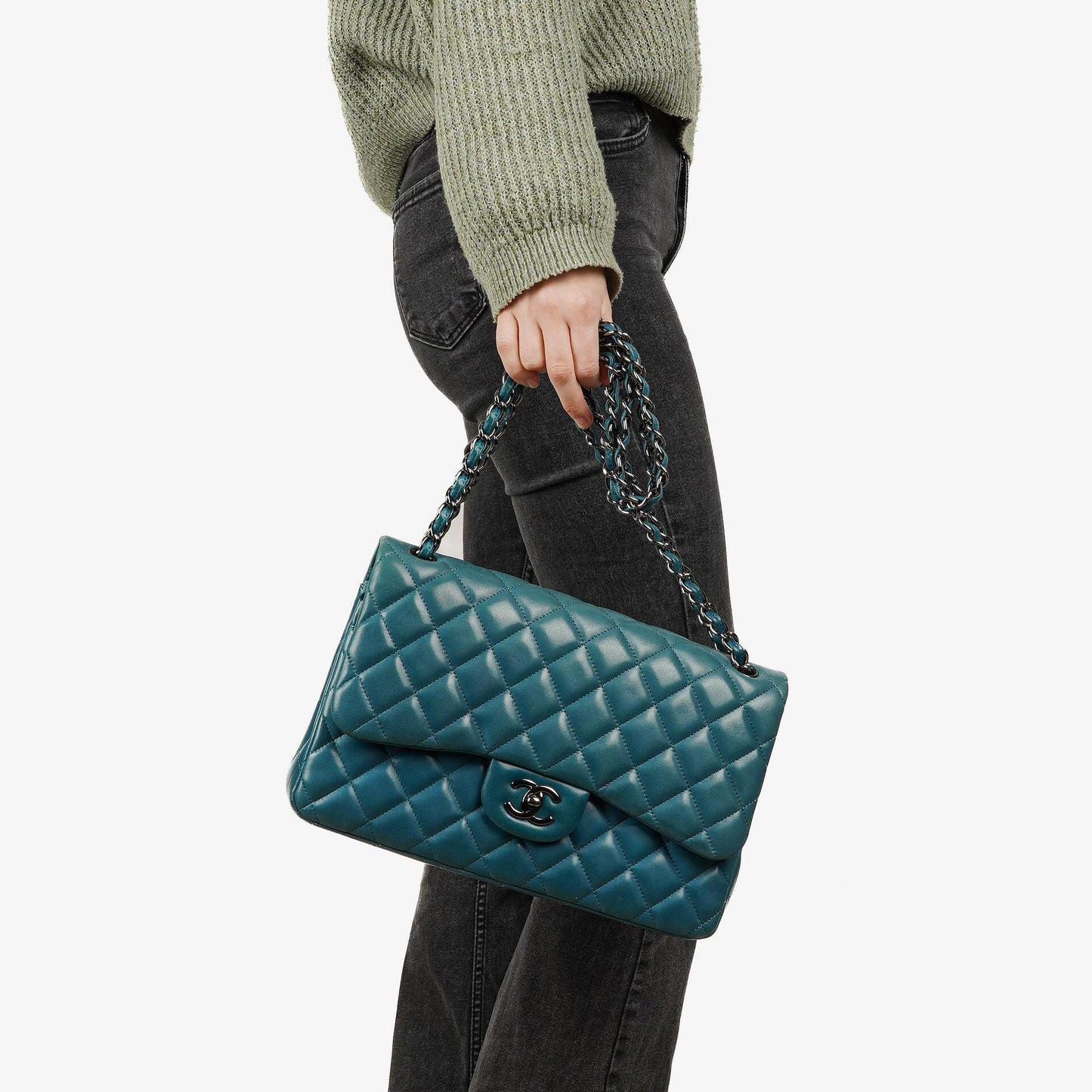 Chanel Classic Jumbo Double Flap Bag Blue Quilted Lambskin With Silver-Tone Hardware