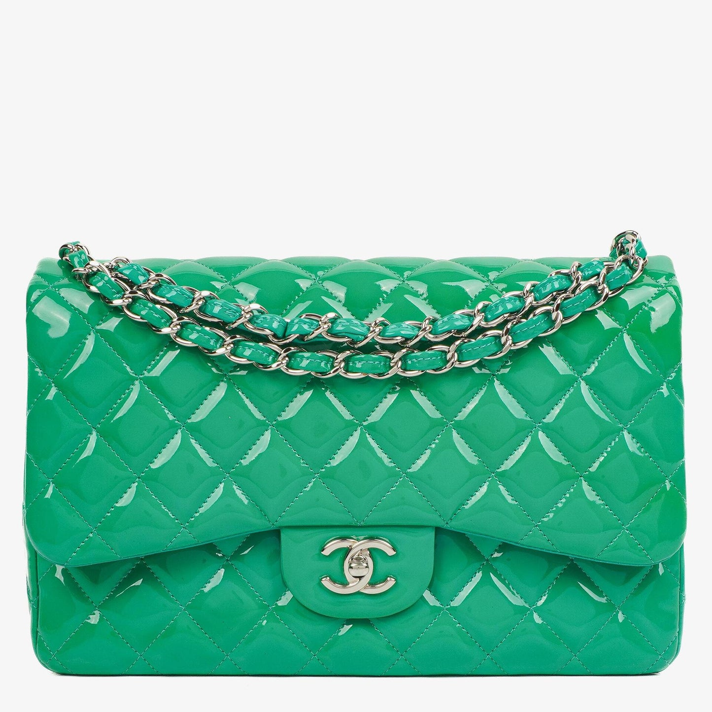 Chanel Jumbo Classic Double Flap Bag Turquoise Quilted Patent Leather With Silver-Tone Hardware