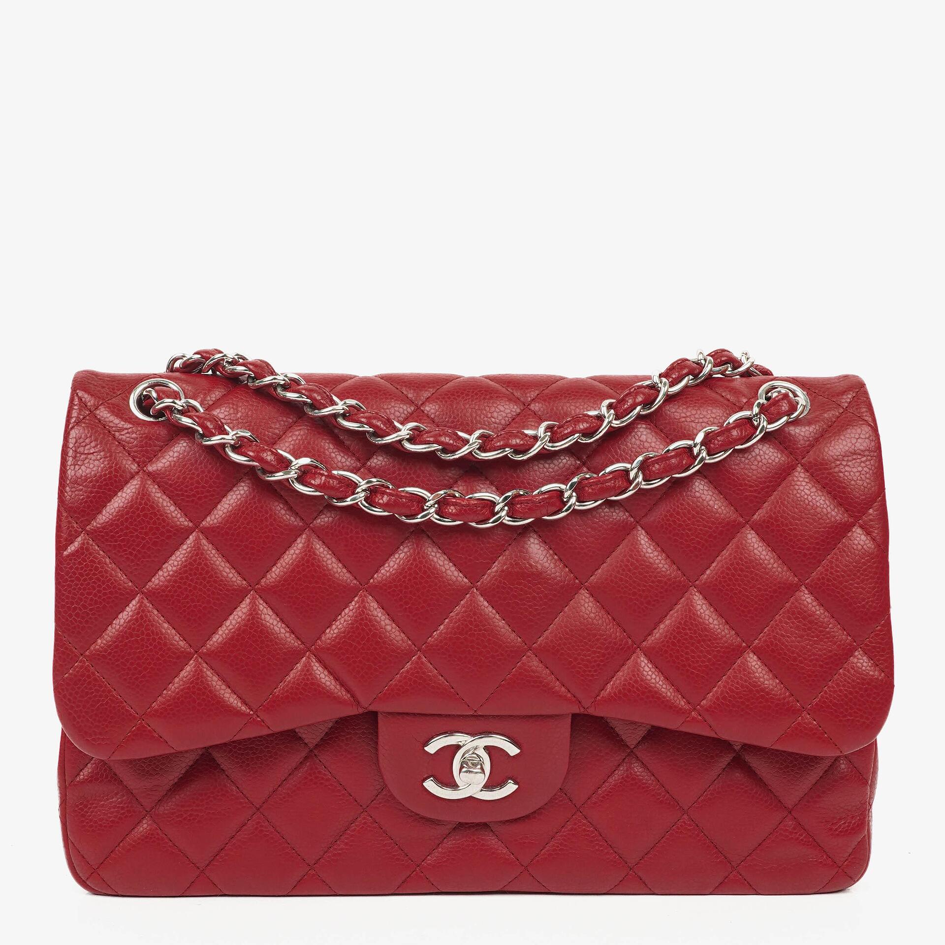 Chanel Jumbo Classic Red Caviar Quilted Leather Double Flap Bag With Silver - Tone Hardware