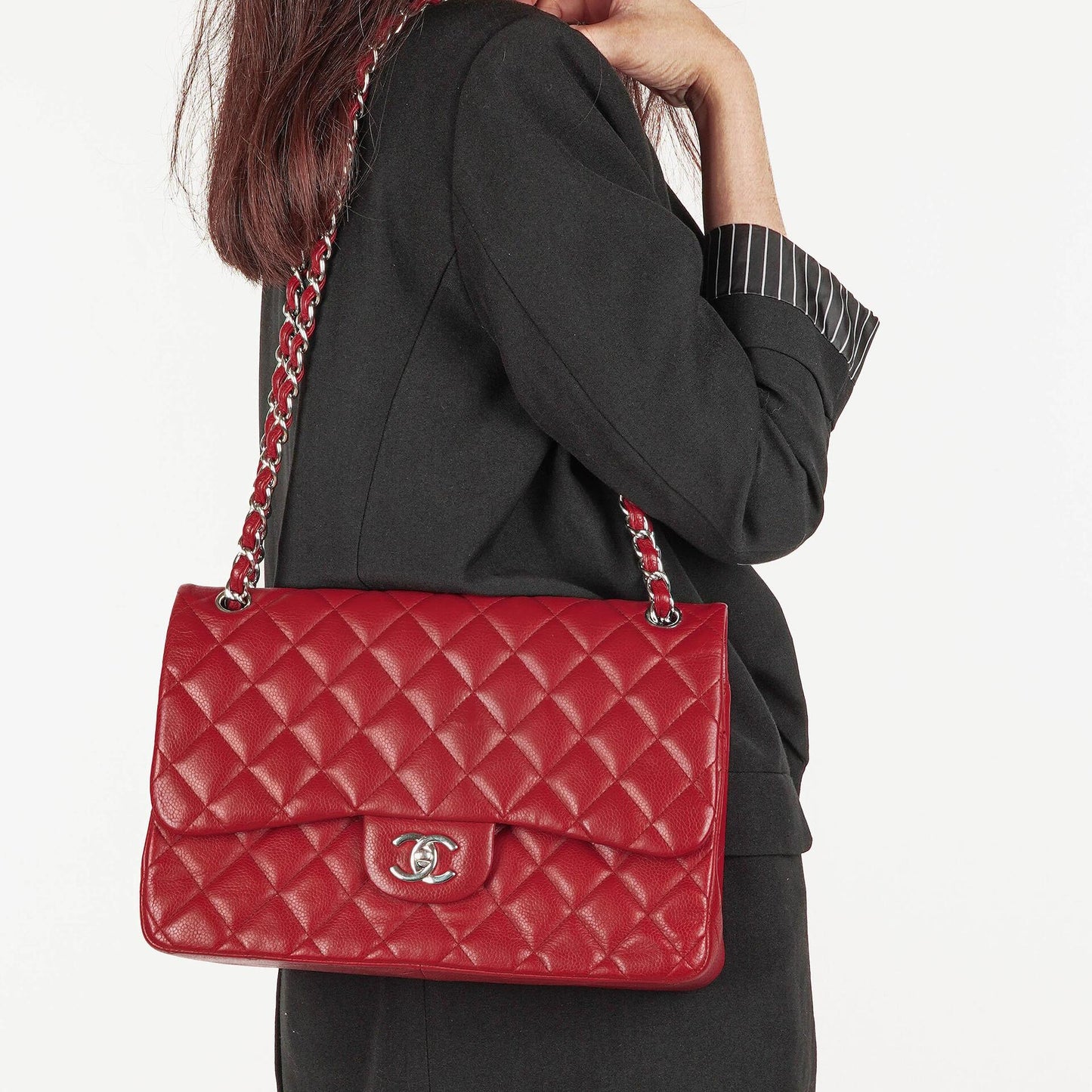 Chanel Jumbo Classic Red Caviar Quilted Leather Double Flap Bag With Silver - Tone Hardware