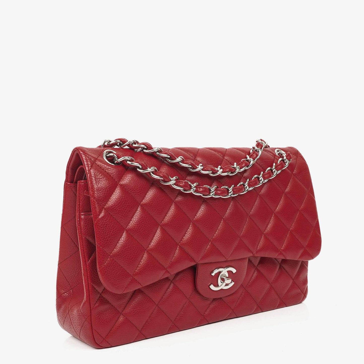 Chanel Jumbo Classic Red Caviar Quilted Leather Double Flap Bag With Silver - Tone Hardware