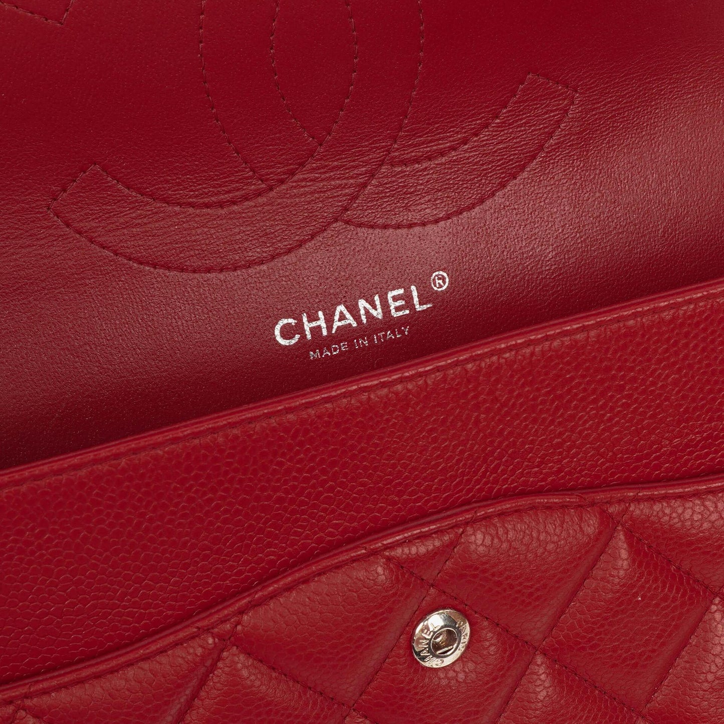 Chanel Jumbo Classic Red Caviar Quilted Leather Double Flap Bag With Silver - Tone Hardware
