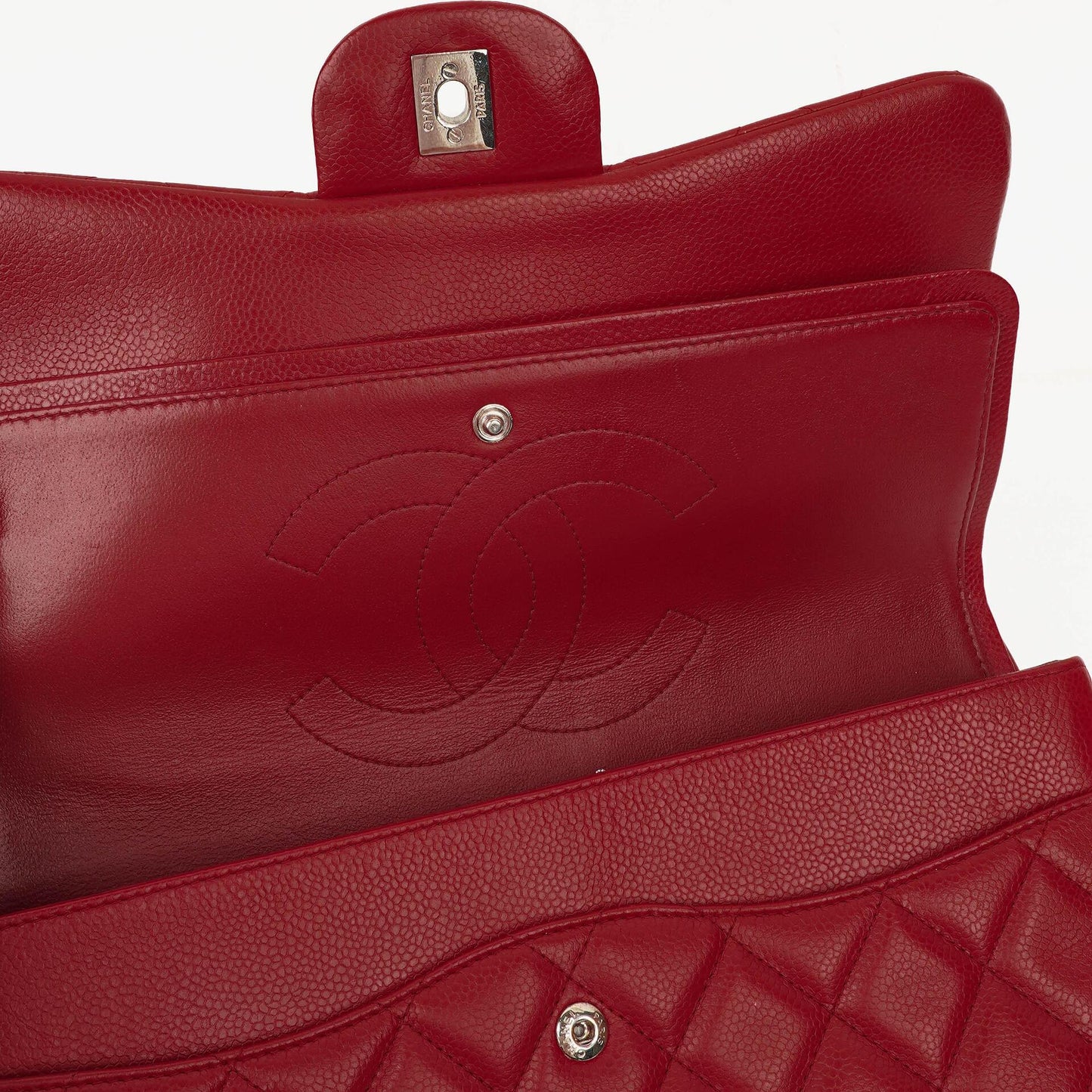 Chanel Jumbo Classic Red Caviar Quilted Leather Double Flap Bag With Silver - Tone Hardware