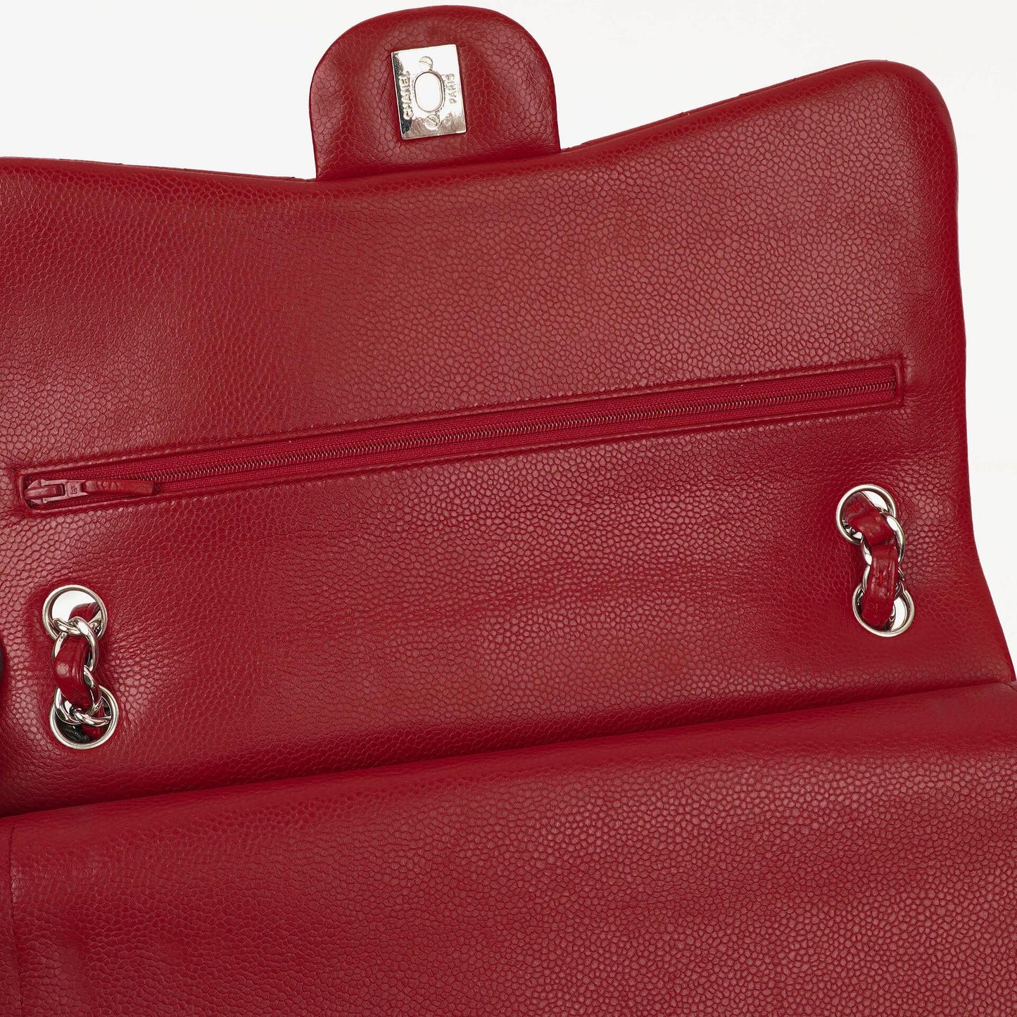 Chanel Jumbo Classic Red Caviar Quilted Leather Double Flap Bag With Silver - Tone Hardware