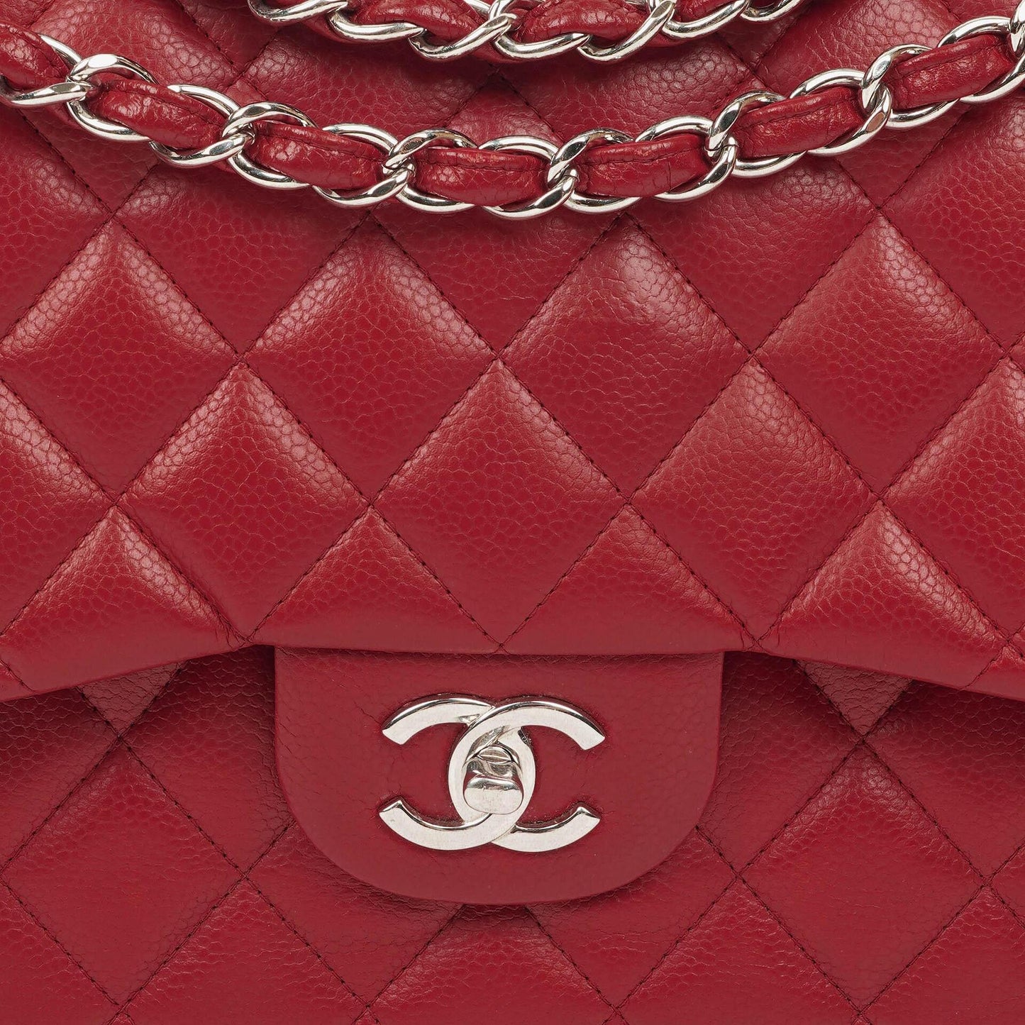 Chanel Jumbo Classic Red Caviar Quilted Leather Double Flap Bag With Silver - Tone Hardware