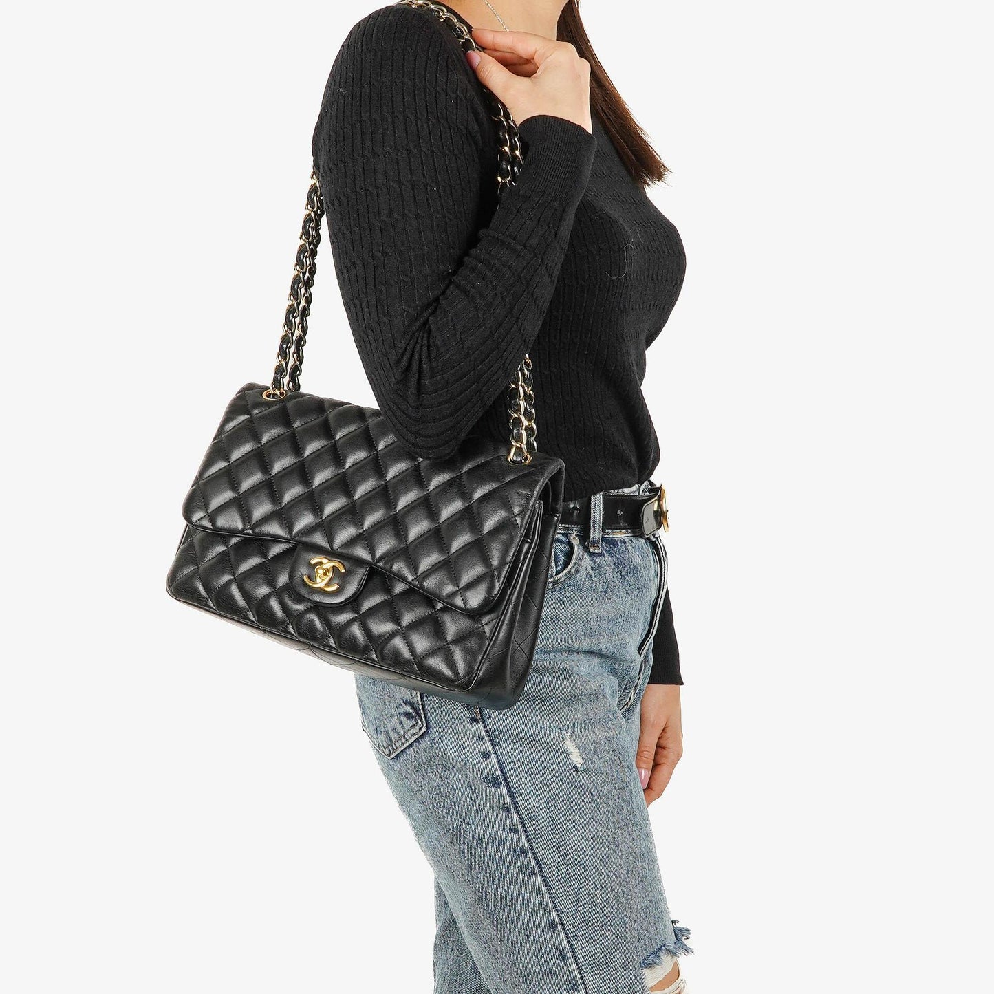 Chanel Jumbo Classic Single Flap Bag Black Quilted Lambskin Gold-Tone Hardware