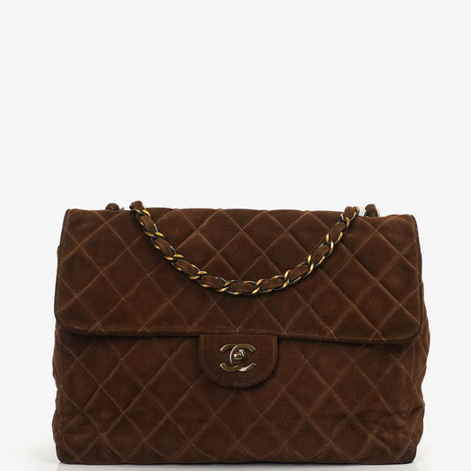 Chanel Jumbo Classic Single Flap Bag Brown Quilted Suede With Aged Gold Hardware