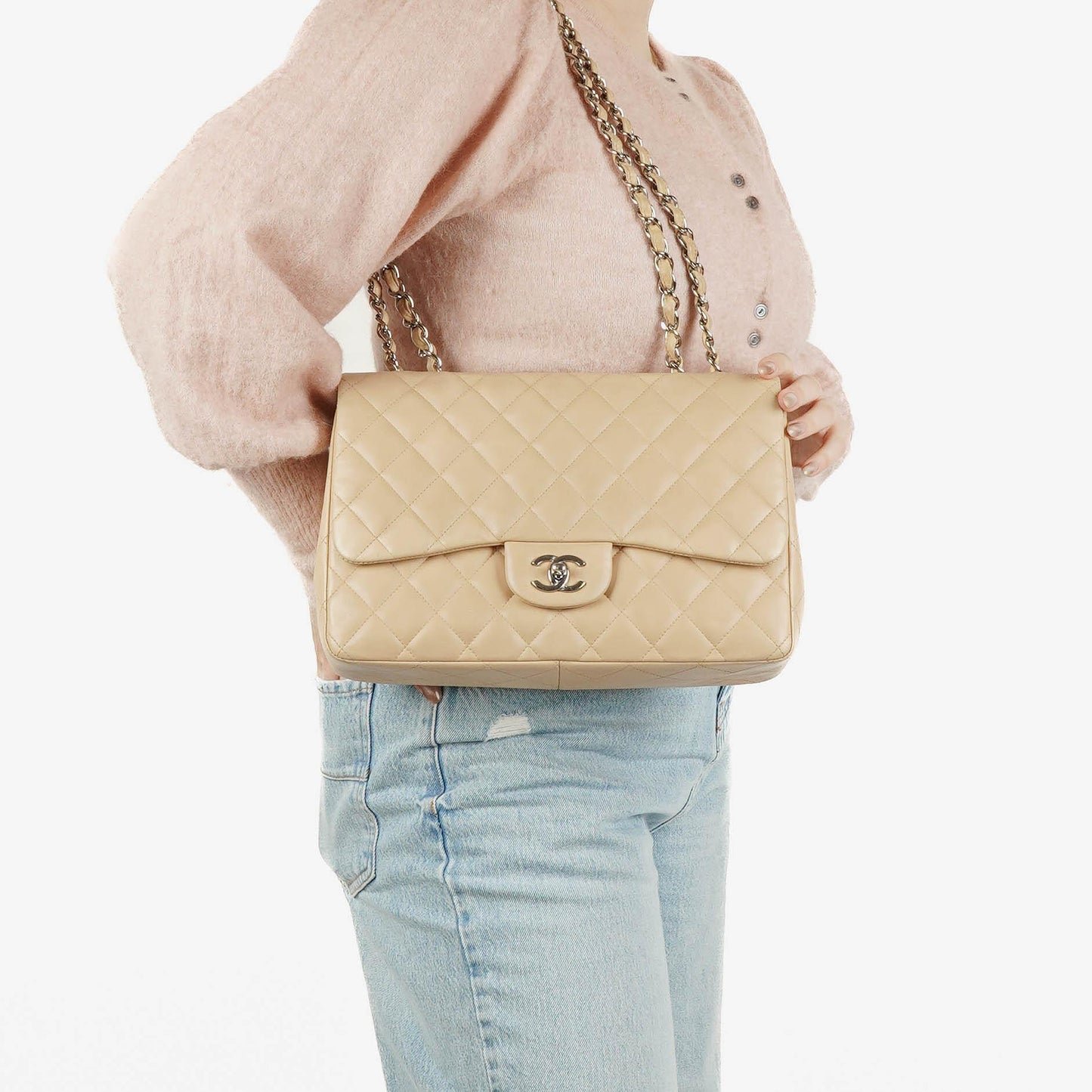 Chanel Jumbo Classic Single Flap Bag Quilted Lambskin Silver -Toned Hardware