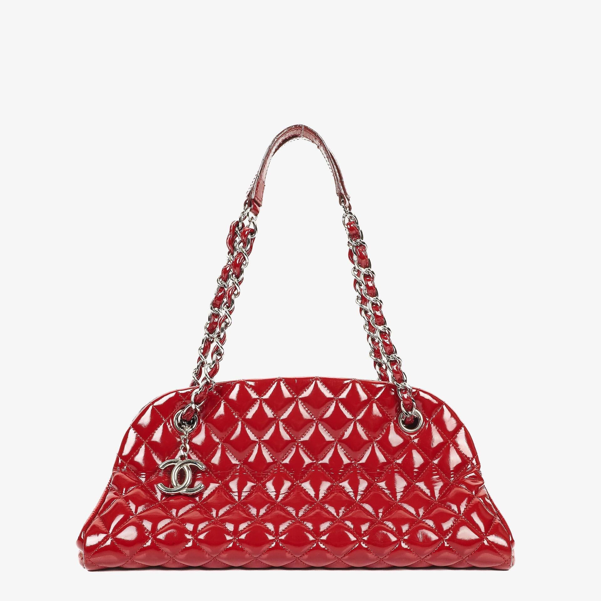 Chanel Just Mademoiselle Red Patent Quilted Bowling Bag