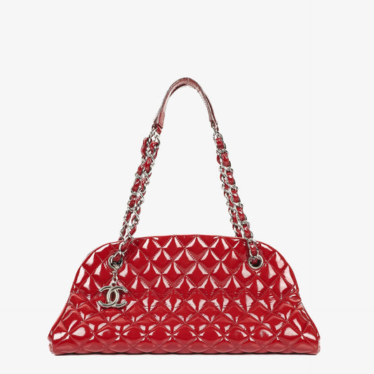 Chanel Just Mademoiselle Red Patent Quilted Bowling Bag
