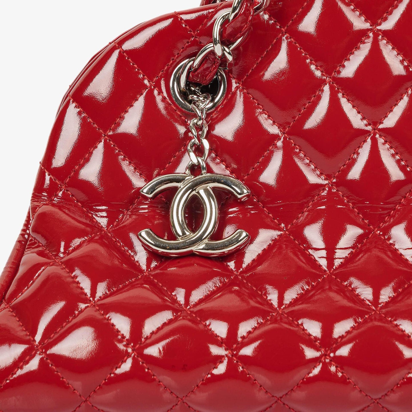 Chanel Just Mademoiselle Red Patent Quilted Bowling Bag