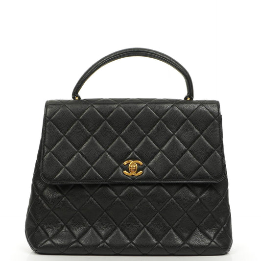Chanel Kelly Black Quilted Caviar Leather Top Handle Bag With 24K Gold-Plated Hardware, 1996-1997