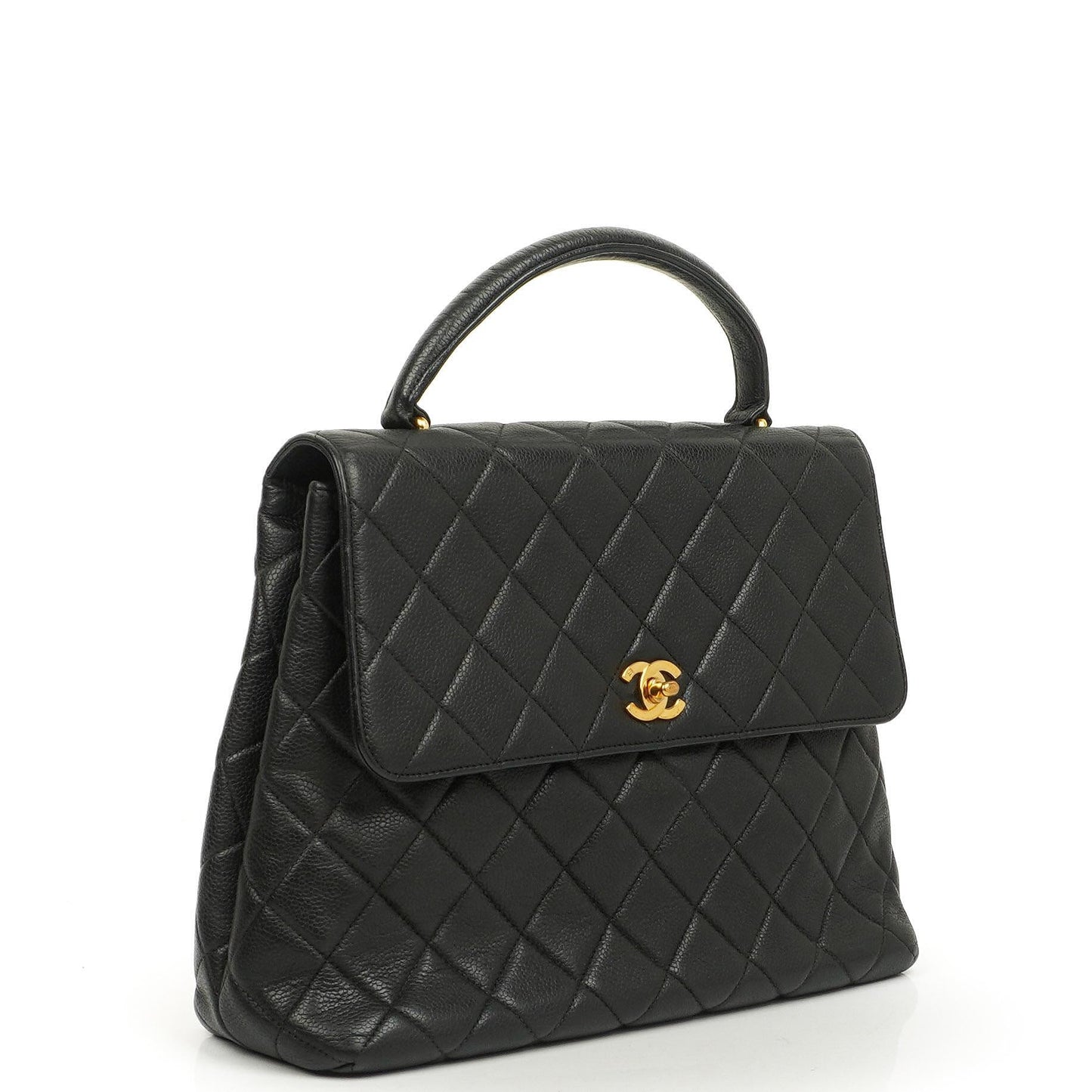Chanel Kelly Black Quilted Caviar Leather Top Handle Bag With 24K Gold-Plated Hardware, 1996-1997