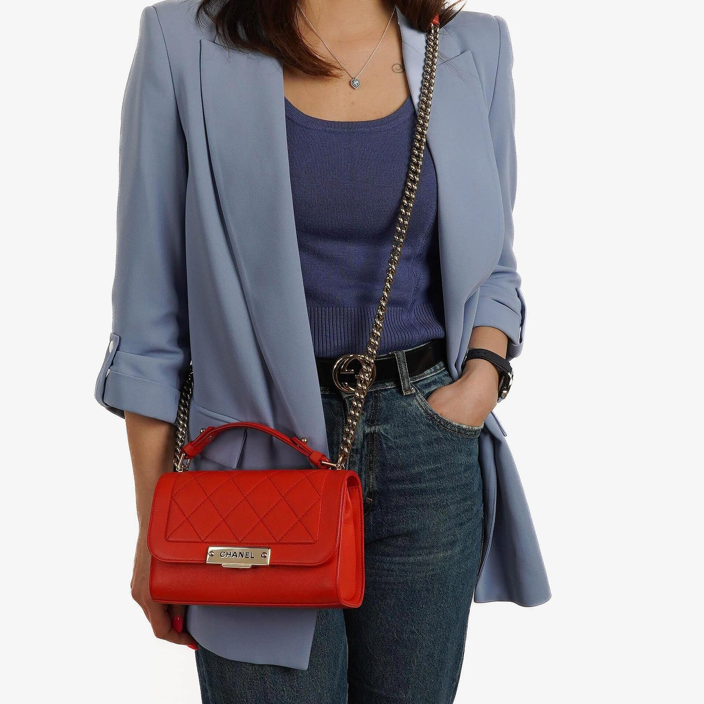 Chanel Label Click Flap Red in Quilted Calfskin With Gold-Tone Hardware