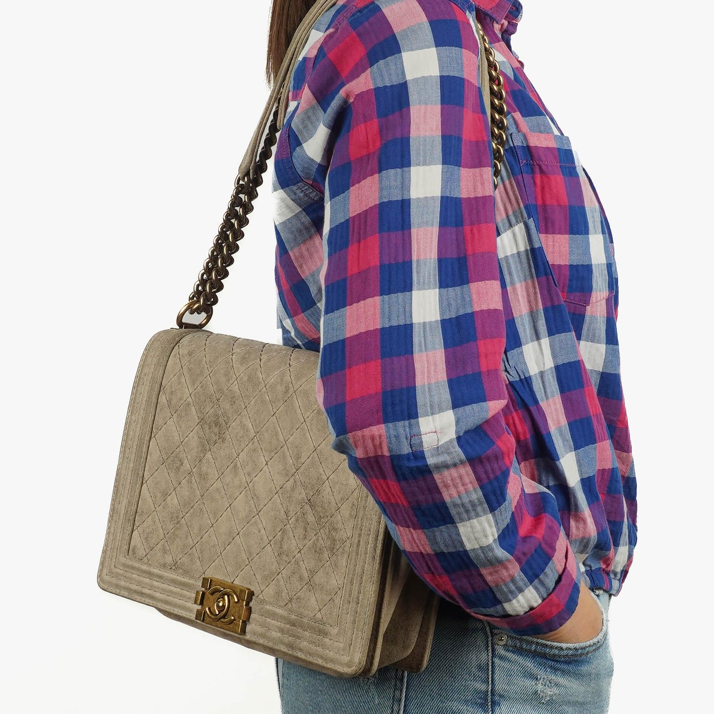 Chanel Large Boy 2013 Metiers D’Art Neutral Quilted Distressed Suede Flap Bag With Aged Gold Hardware