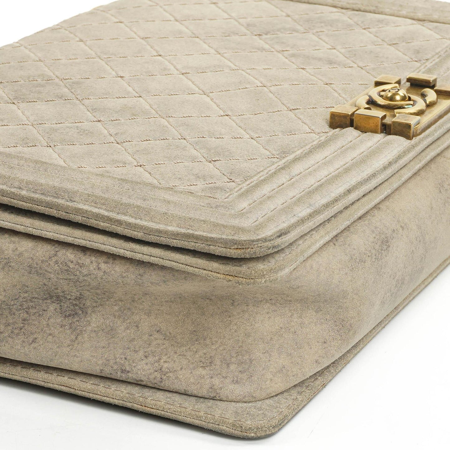 Chanel Large Boy 2013 Metiers D’Art Neutral Quilted Distressed Suede Flap Bag With Aged Gold Hardware
