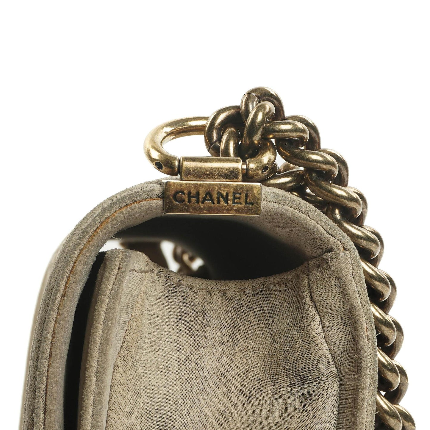 Chanel Large Boy 2013 Metiers D’Art Neutral Quilted Distressed Suede Flap Bag With Aged Gold Hardware