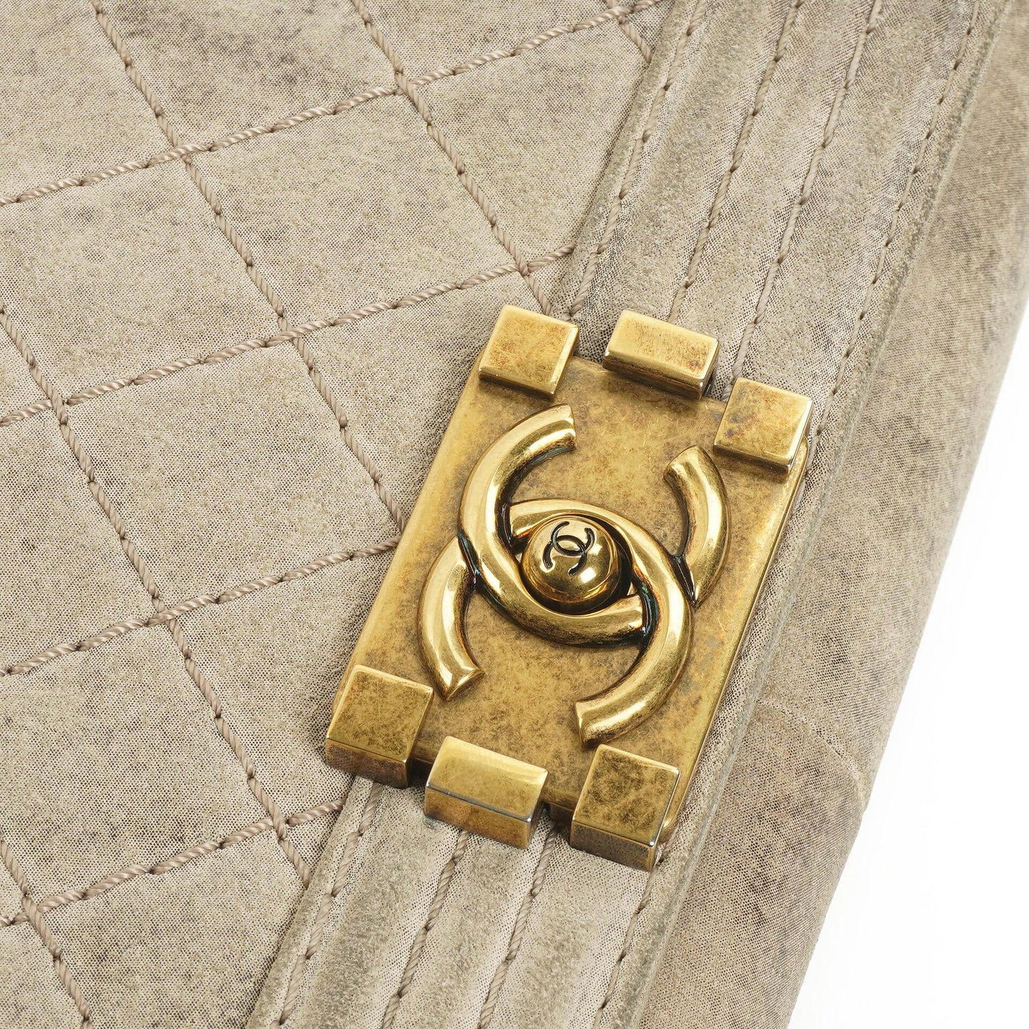Chanel Large Boy 2013 Metiers D’Art Neutral Quilted Distressed Suede Flap Bag With Aged Gold Hardware