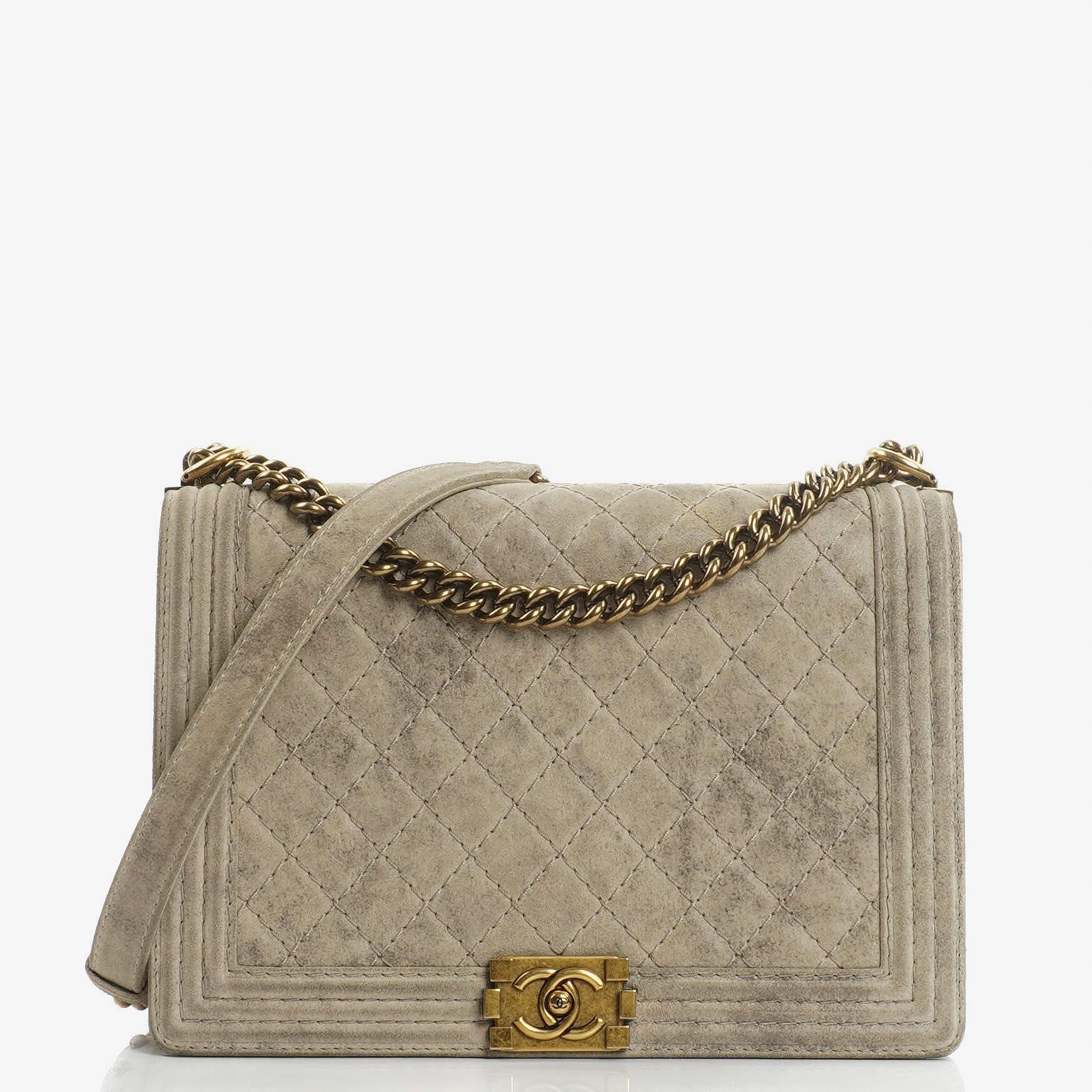 Chanel Large Boy 2013 Metiers D’Art Neutral Quilted Distressed Suede Flap Bag With Aged Gold Hardware