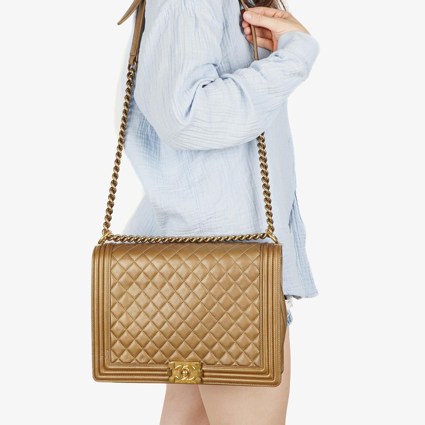 Chanel Large Boy Gold Metalic Quilted Flap Bag With Aged Gold Hardware