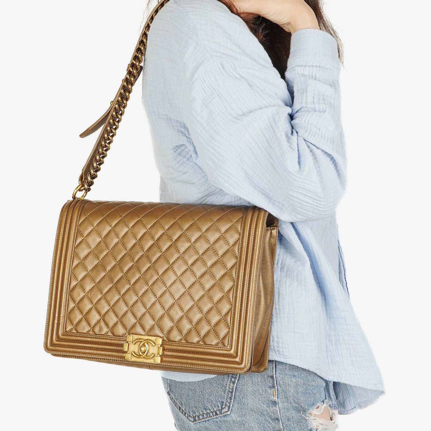 Chanel Large Boy Gold Metalic Quilted Flap Bag With Aged Gold Hardware