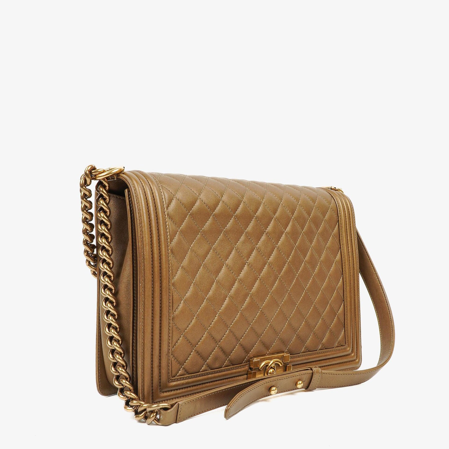 Chanel Large Boy Gold Metalic Quilted Flap Bag With Aged Gold Hardware
