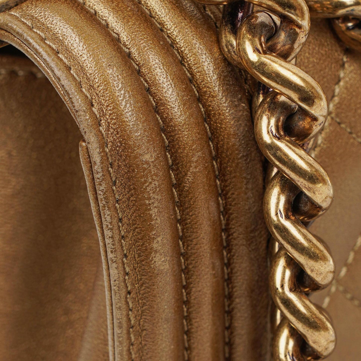 Chanel Large Boy Gold Metalic Quilted Flap Bag With Aged Gold Hardware