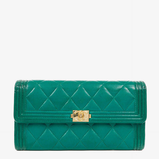 Chanel Large Boy Gusset Metallic Turquoise Lambskin Quilted Flap Wallet