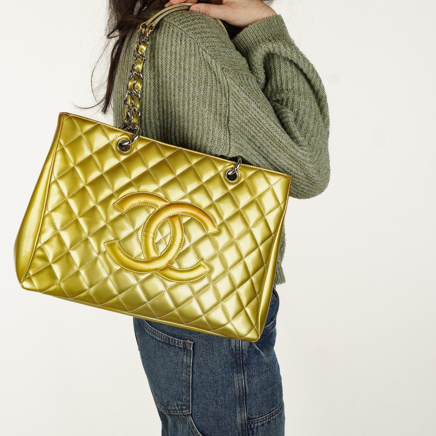 Chanel Large Quilted Patent Leather Tote Bag