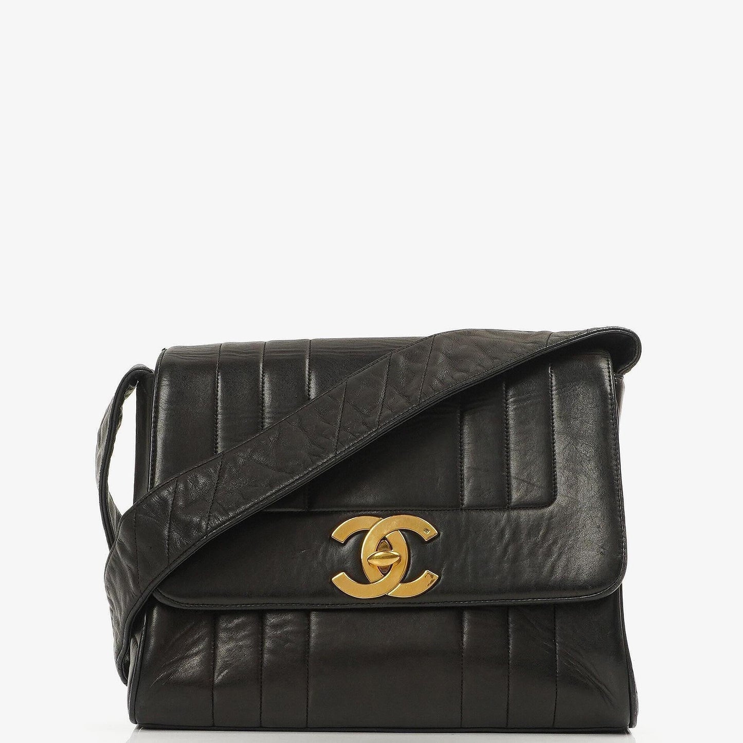 Chanel Maxi Logo Crossbody Flap Bag Black Vertical Quilted Lambskin 24K Gold-Plated Hardware
