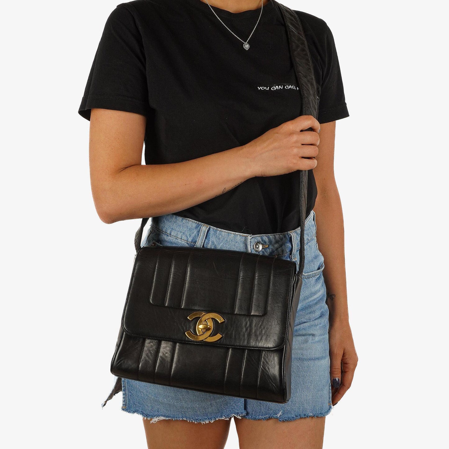 Chanel Maxi Logo Crossbody Flap Bag Black Vertical Quilted Lambskin 24K Gold-Plated Hardware