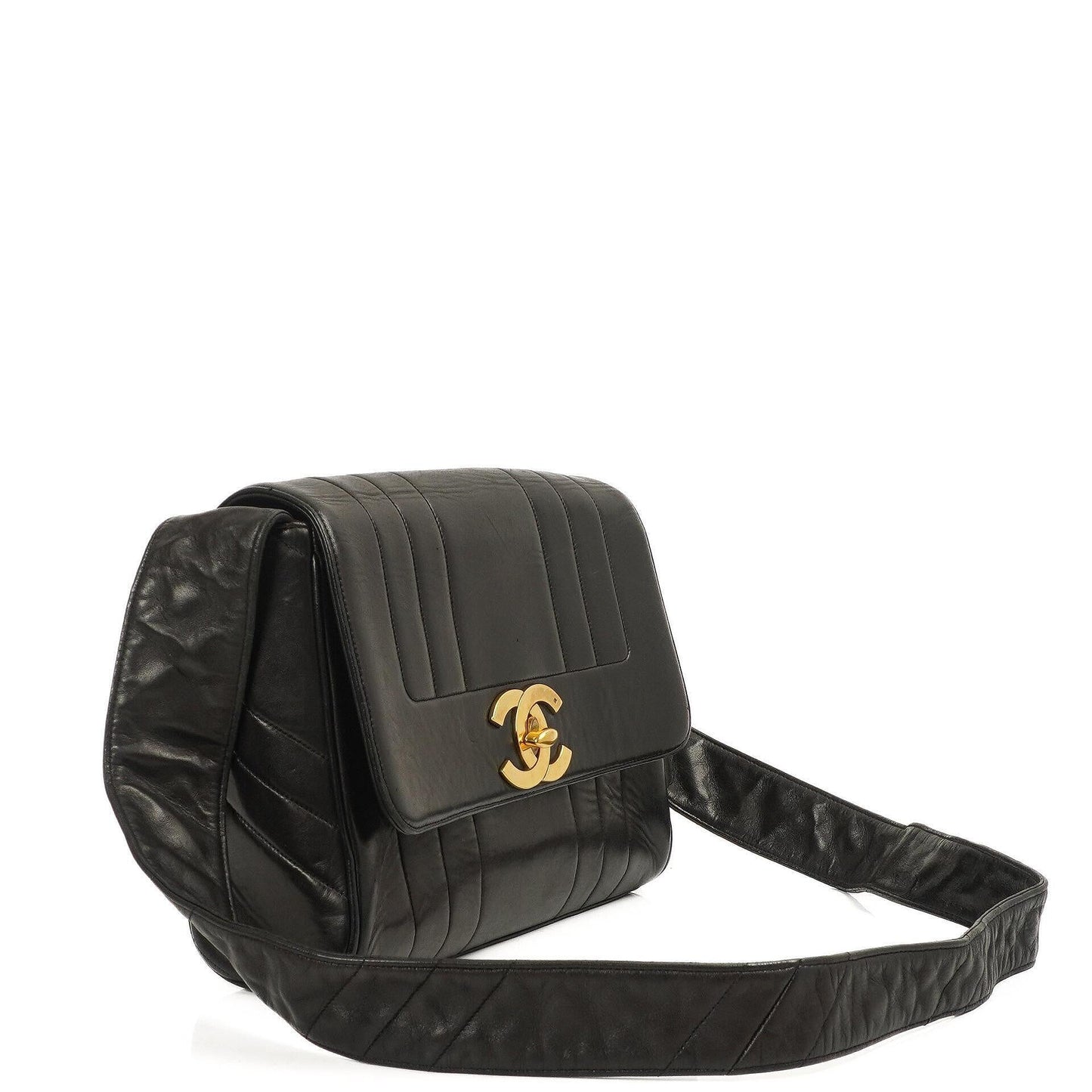 Chanel Maxi Logo Crossbody Flap Bag Black Vertical Quilted Lambskin 24K Gold-Plated Hardware