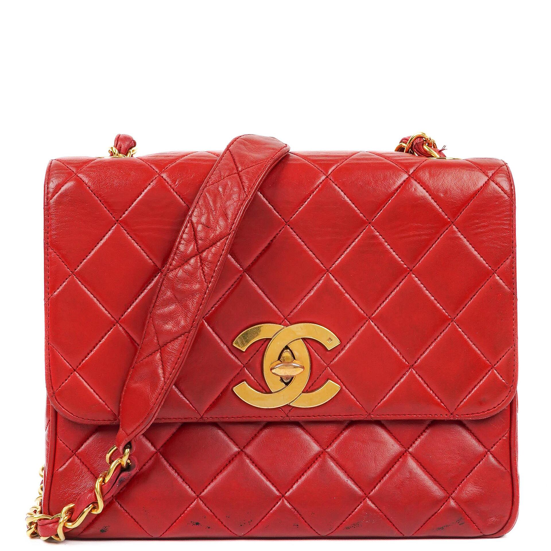 Chanel Maxi Logo Flap Bag in Red Quilted Lambskin and 24k Gold Plated Hardware