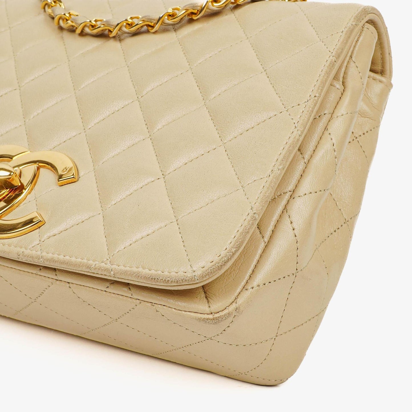Chanel Maxi Logo Full Flap Bag Beige Quilted Leather With 24K Gold-Plated Hardware