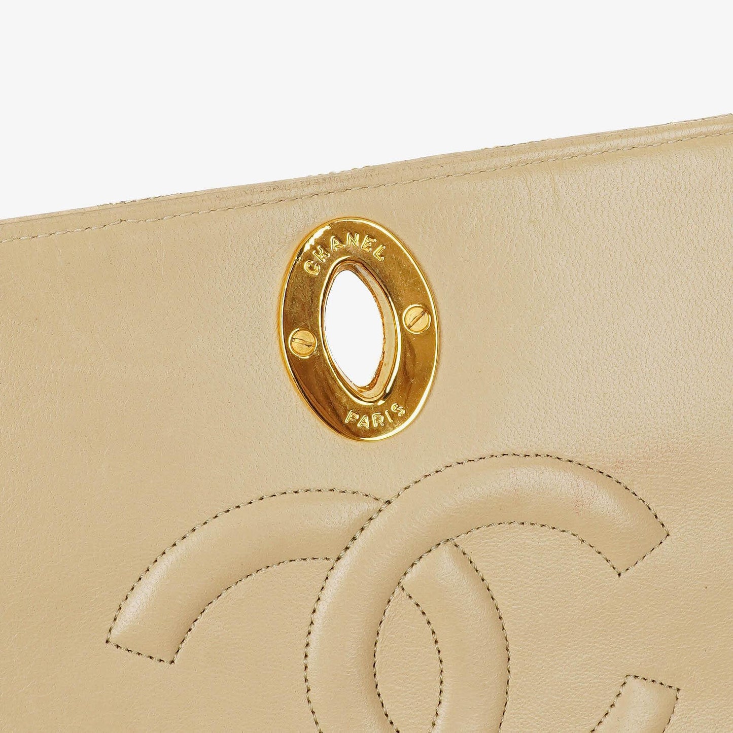 Chanel Maxi Logo Full Flap Bag Beige Quilted Leather With 24K Gold-Plated Hardware
