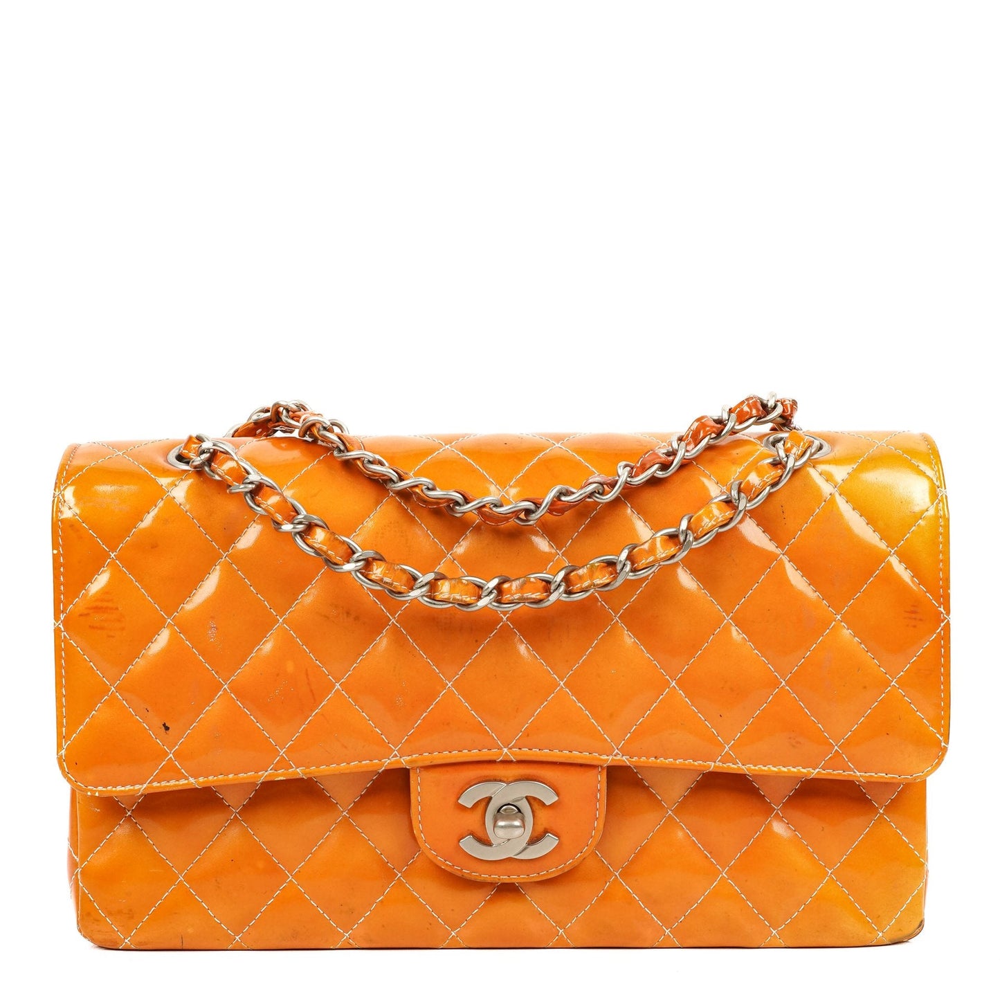Chanel Medium Clasic Double Flap Orange Patent Quilted Leather With Silver-tone Hardware