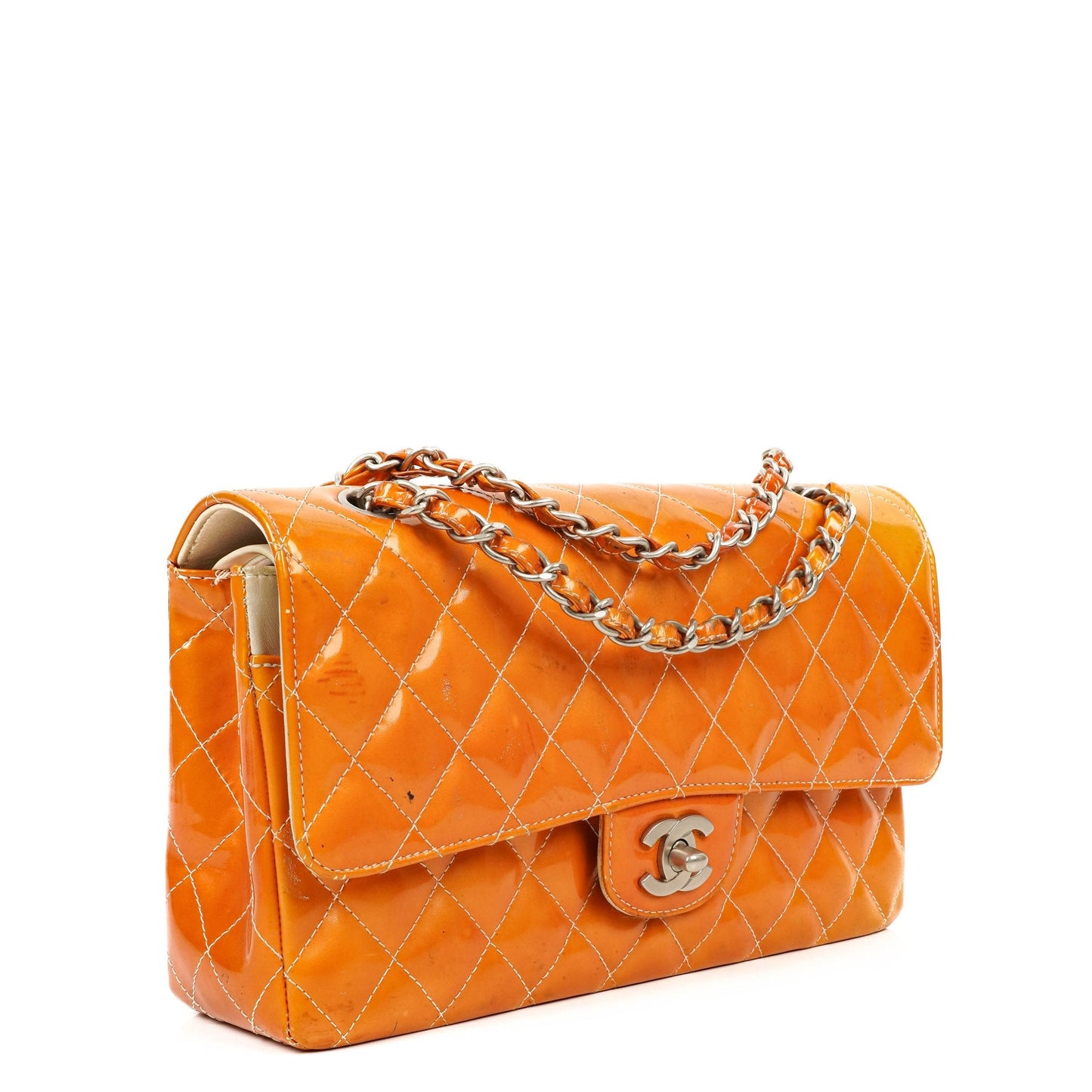 Chanel Medium Clasic Double Flap Orange Patent Quilted Leather With Silver-tone Hardware