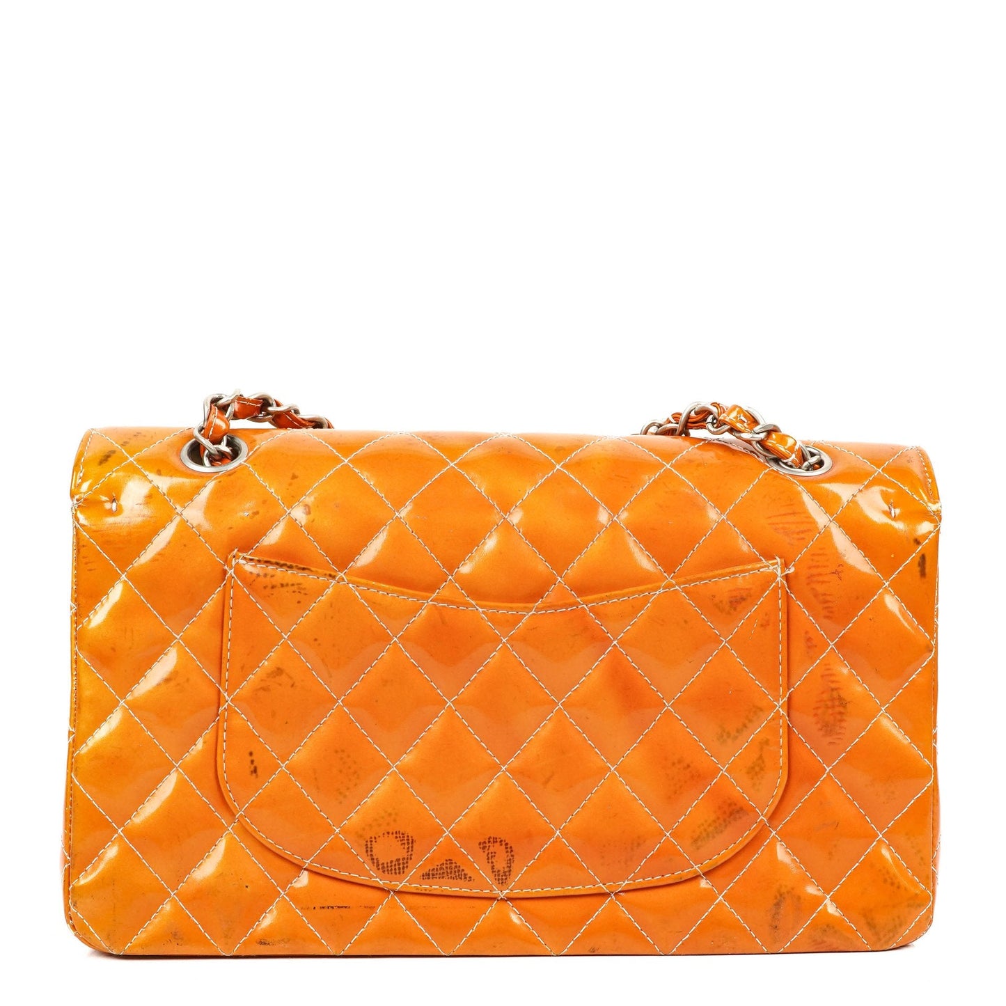 Chanel Medium Clasic Double Flap Orange Patent Quilted Leather With Silver-tone Hardware