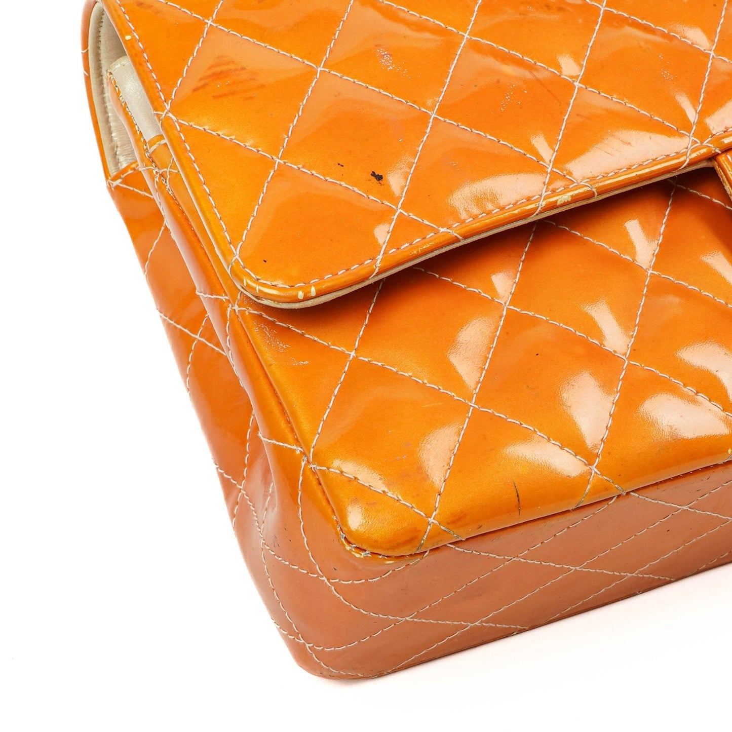 Chanel Medium Clasic Double Flap Orange Patent Quilted Leather With Silver-tone Hardware