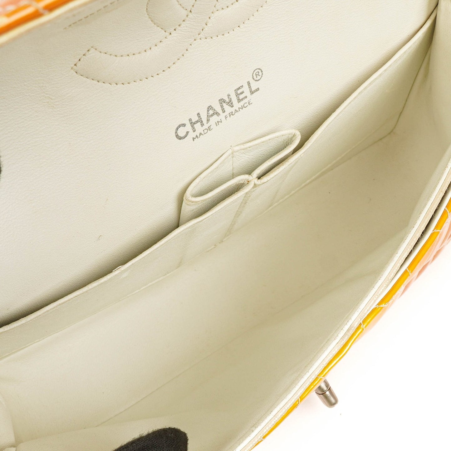 Chanel Medium Clasic Double Flap Orange Patent Quilted Leather With Silver-tone Hardware