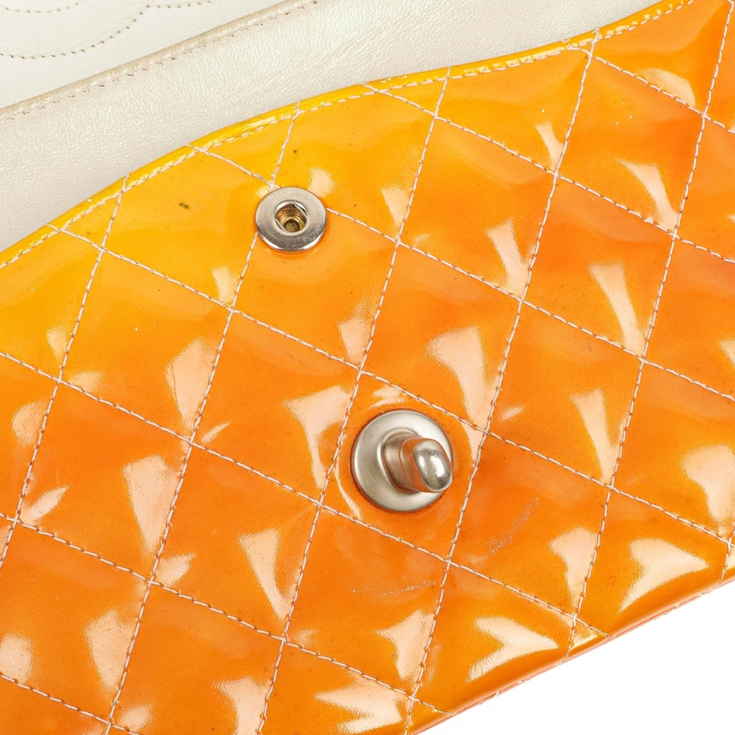 Chanel Medium Clasic Double Flap Orange Patent Quilted Leather With Silver-tone Hardware