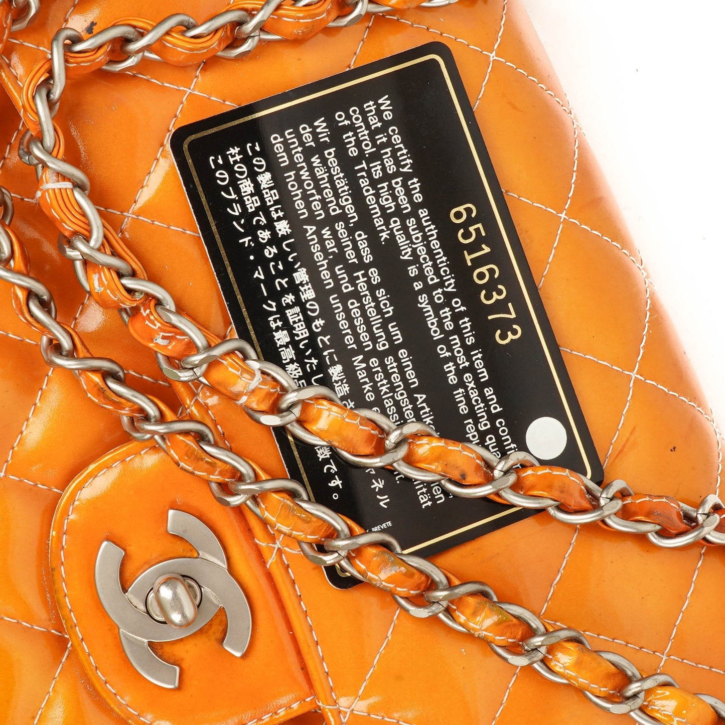 Chanel Medium Clasic Double Flap Orange Patent Quilted Leather With Silver-tone Hardware