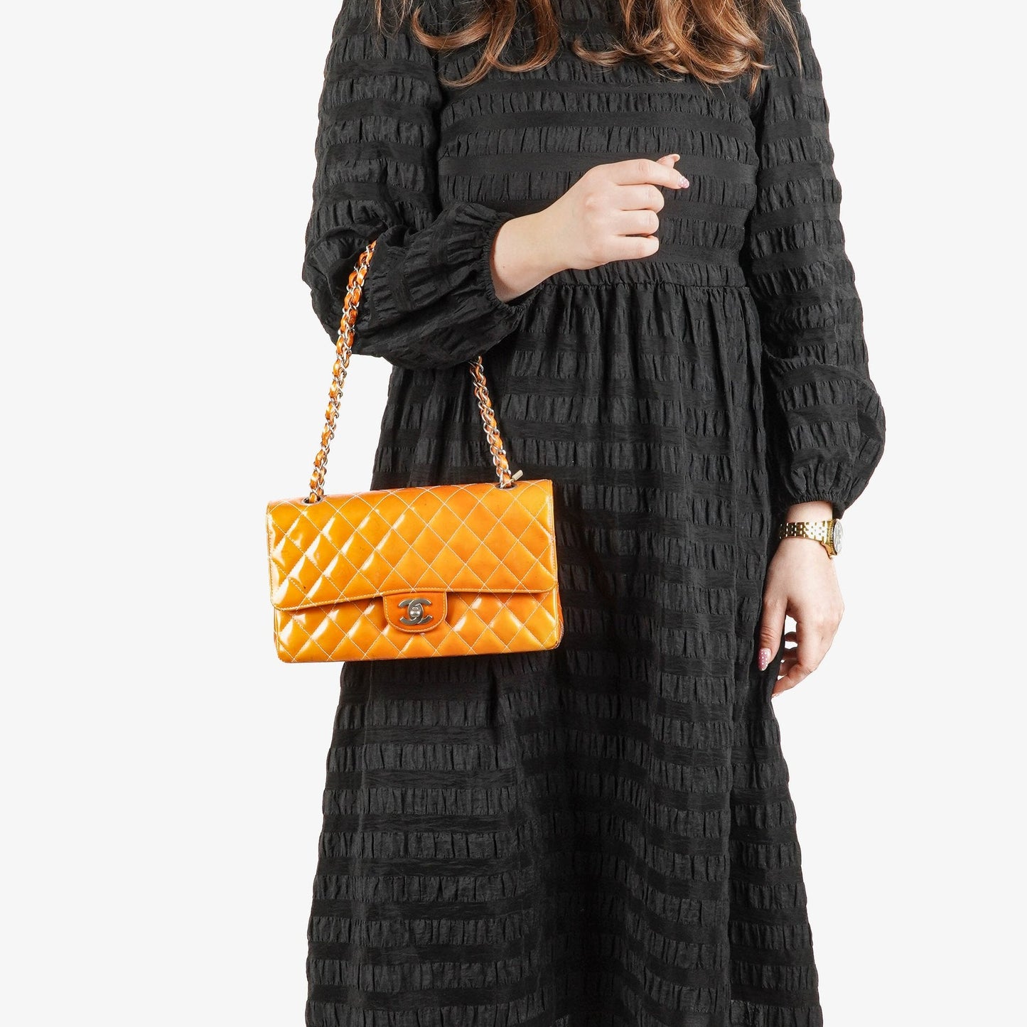 Chanel Medium Clasic Double Flap Orange Patent Quilted Leather With Silver-tone Hardware