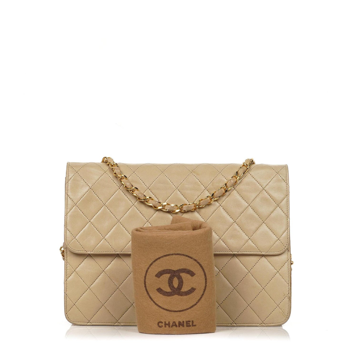 Chanel Medium Classic Beige Ivory Quilted Lambskin Single Flap Bag With 24K Gold-Plated Hardware